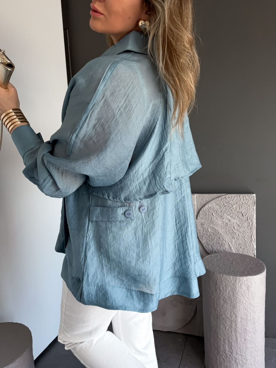 İndigo Mavi Yarasa Kol Oversize Gömlek