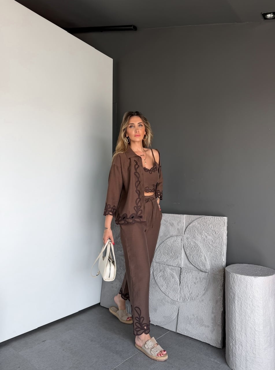 Kahve 3' Lü Premium Nakışlı Keten Takım