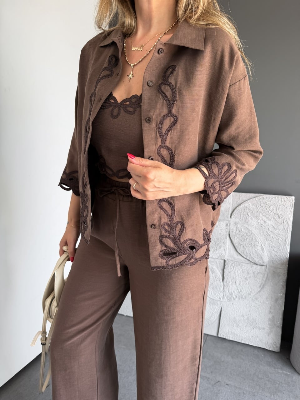 Kahve 3' Lü Premium Nakışlı Keten Takım