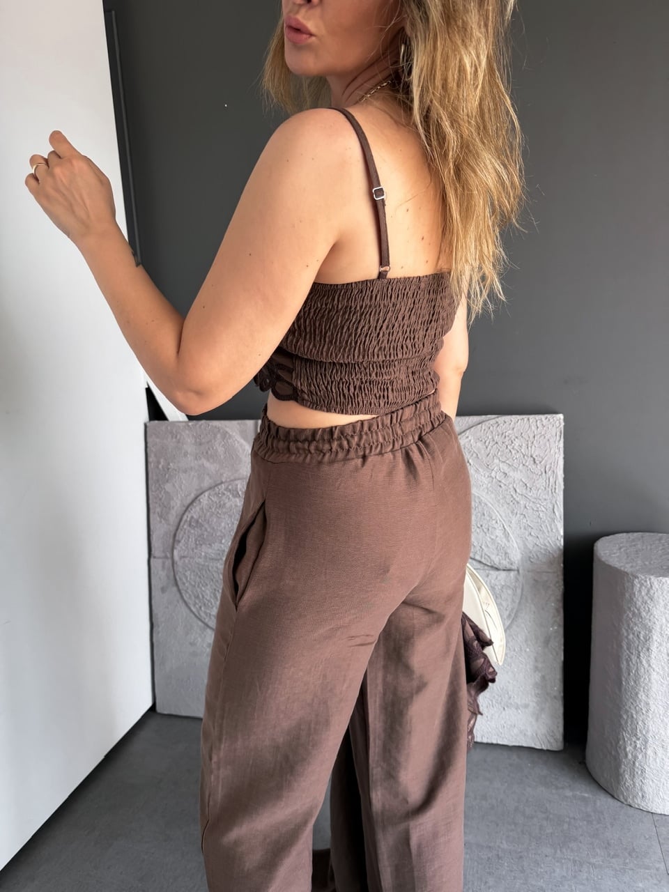Kahve 3' Lü Premium Nakışlı Keten Takım