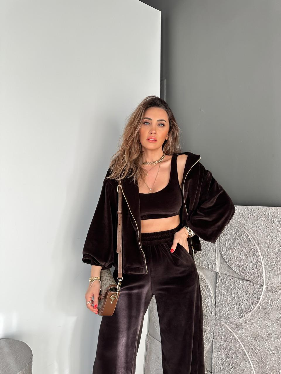 Kahve 3'Lü Kadife Takım