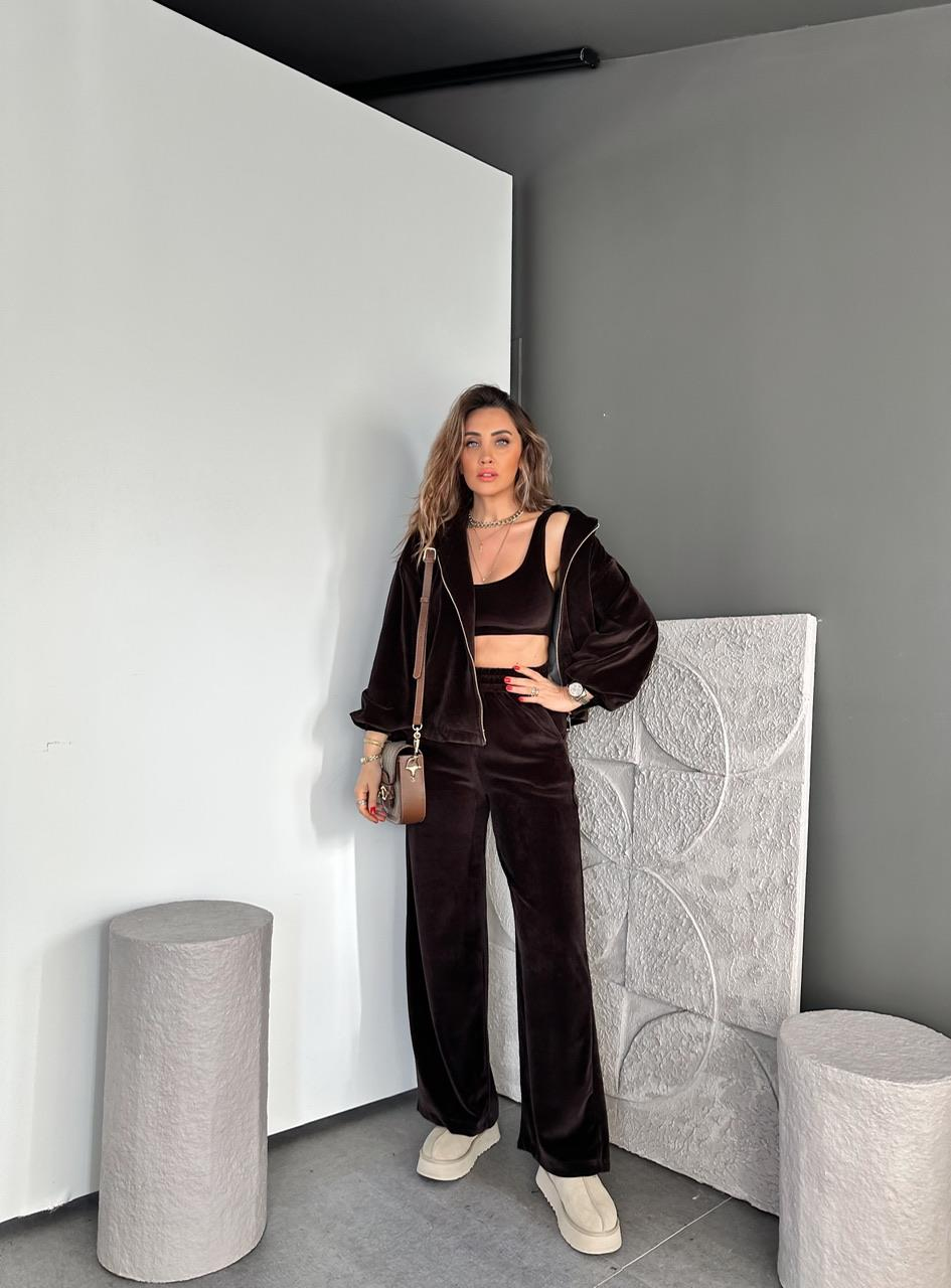Kahve 3'Lü Kadife Takım