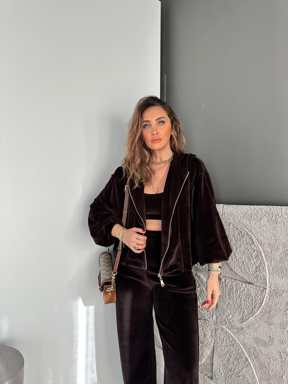 Kahve 3'Lü Kadife Takım