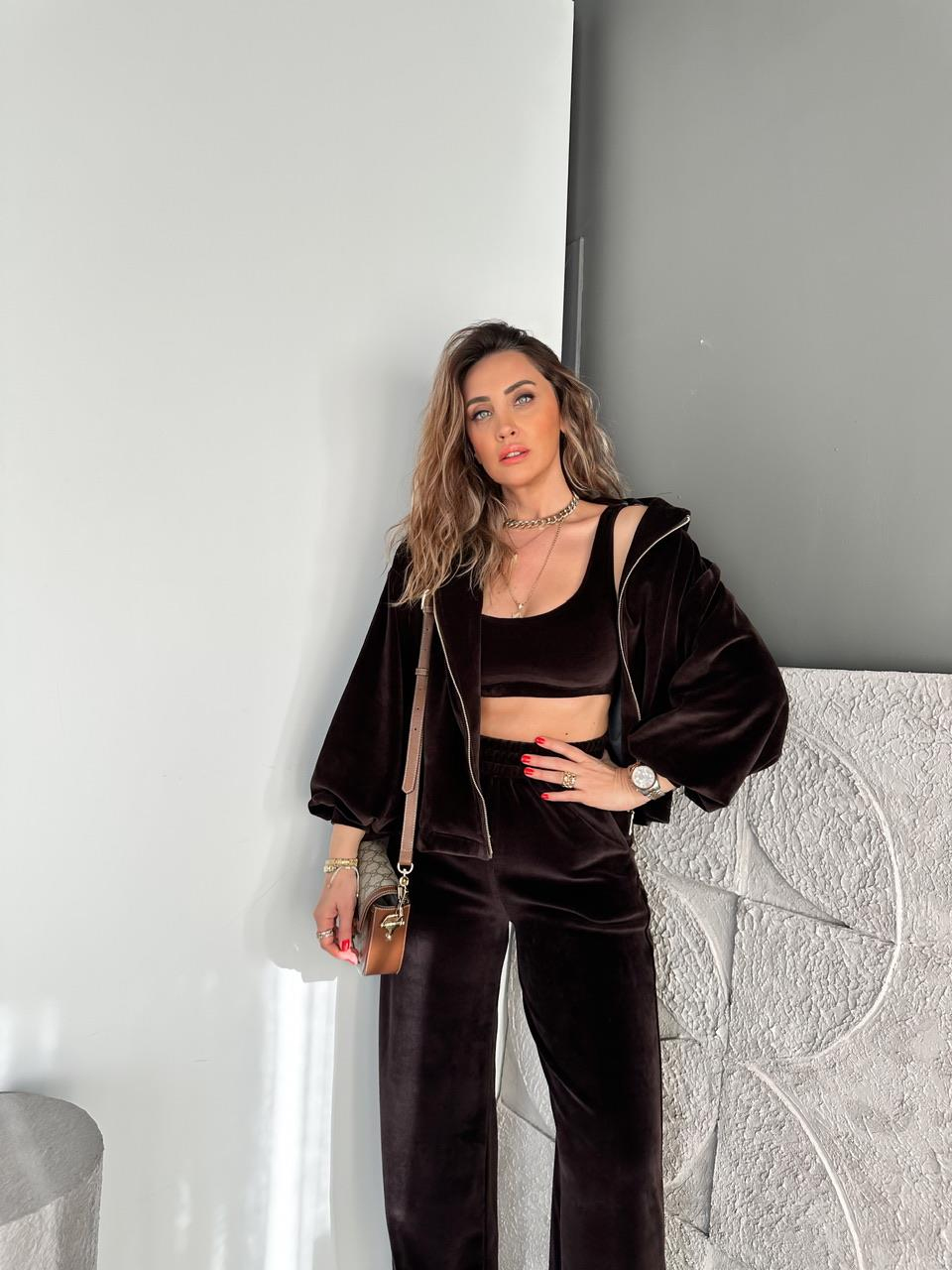 Kahve 3'Lü Kadife Takım