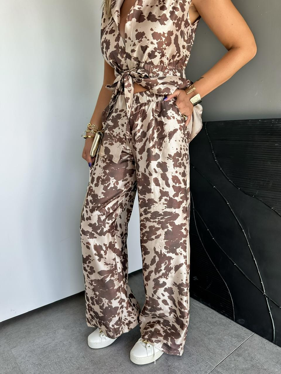 Kahve Animel Print Saten Takım
