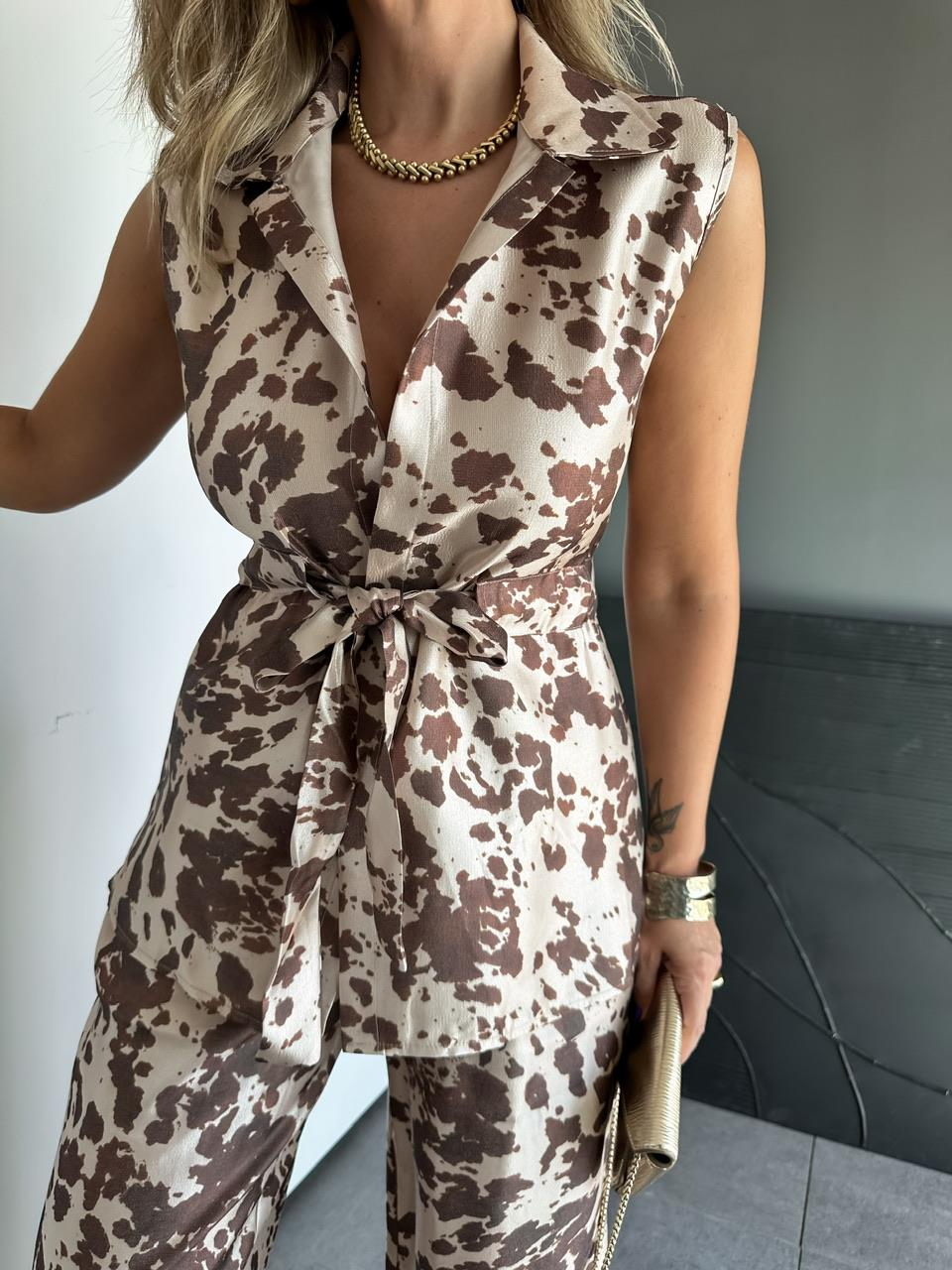Kahve Animel Print Saten Takım