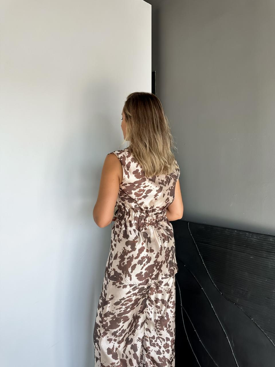 Kahve Animel Print Saten Takım