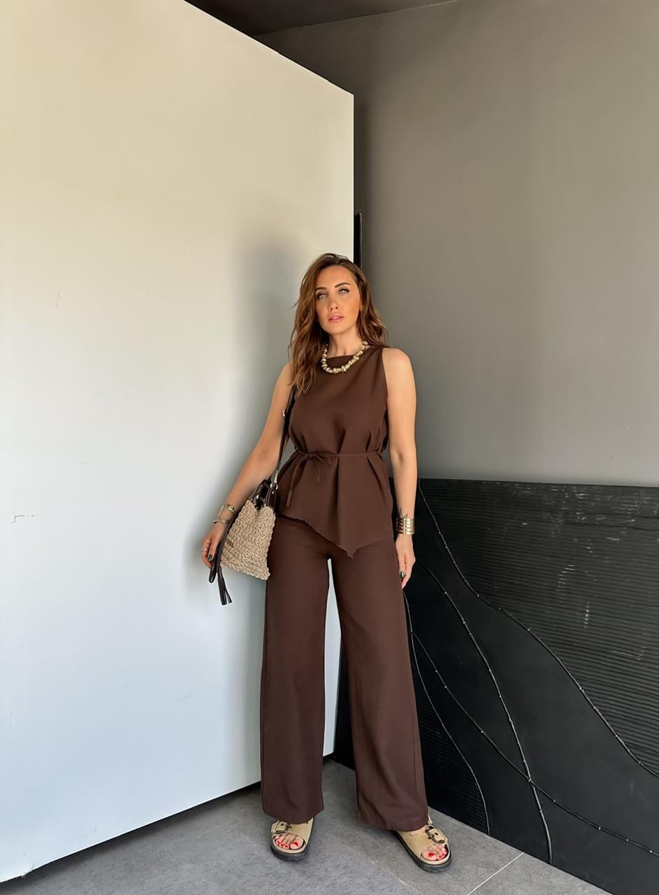 Kahve Asimetrik Bluzlu Keten Takım