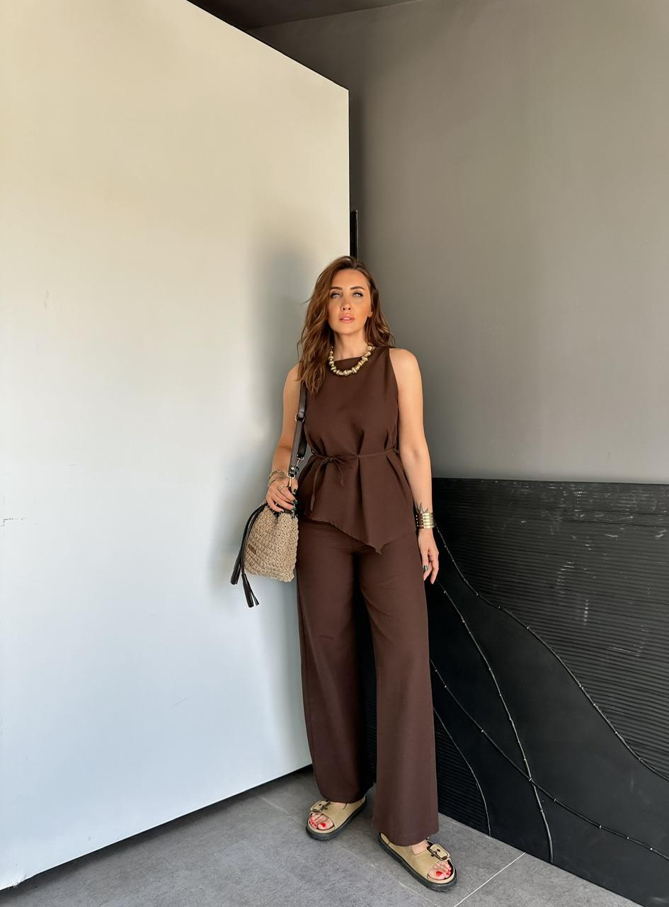 Kahve Asimetrik Bluzlu Keten Takım