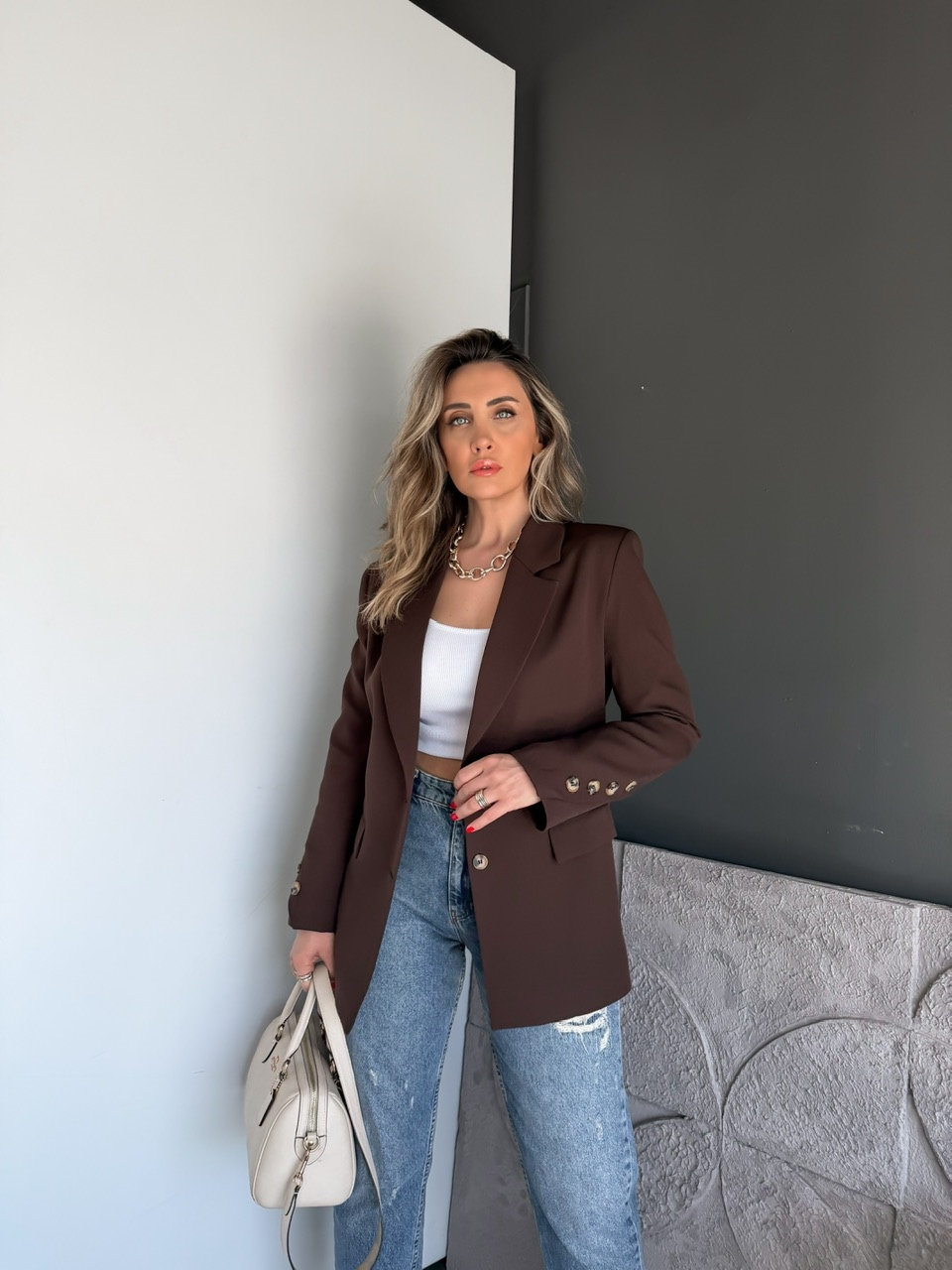Kahve Asimetrik Düğmeli Blazer Ceket