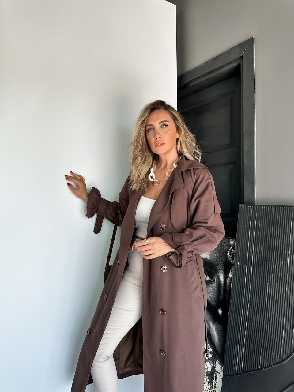 Kahve Astarlı Kemerli Trençkot (12 CUMA GÜNÜ KARGODA)