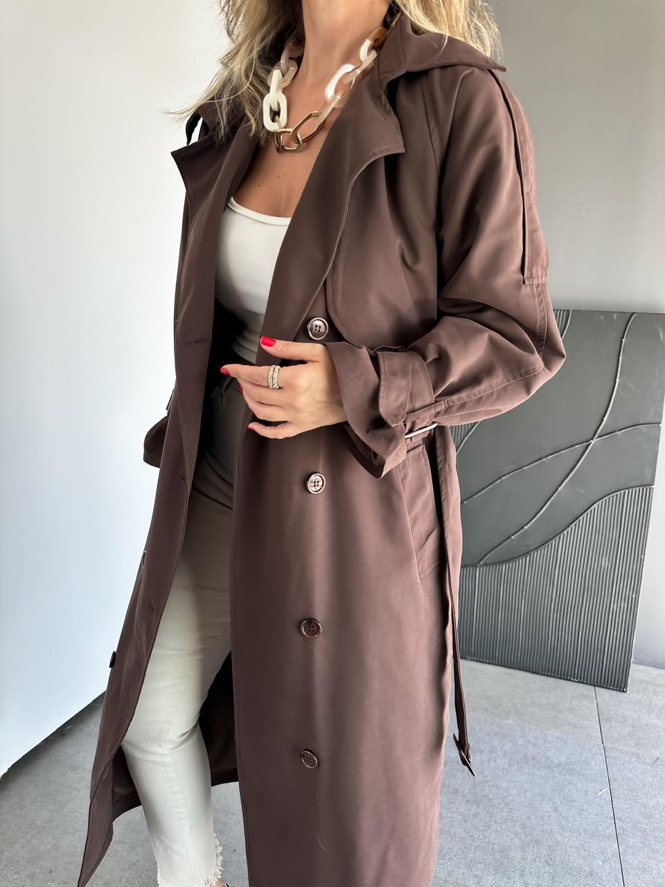Kahve Astarlı Kemerli Trençkot (12 CUMA GÜNÜ KARGODA)