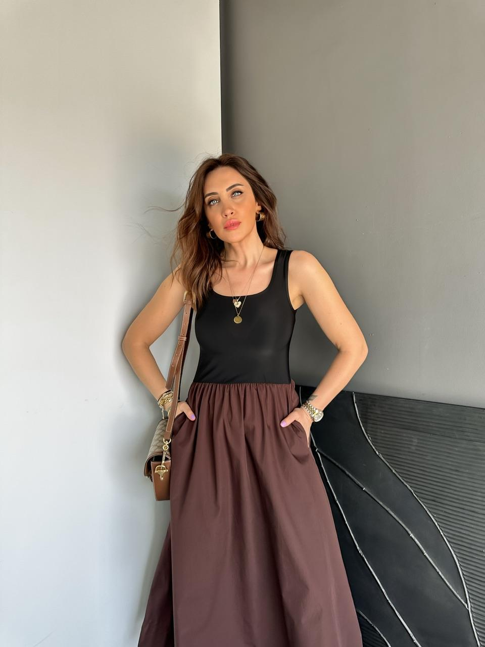 Kahve Atletli Beli Lastikli Elbise