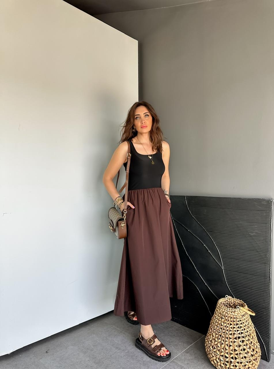 Kahve Atletli Beli Lastikli Elbise