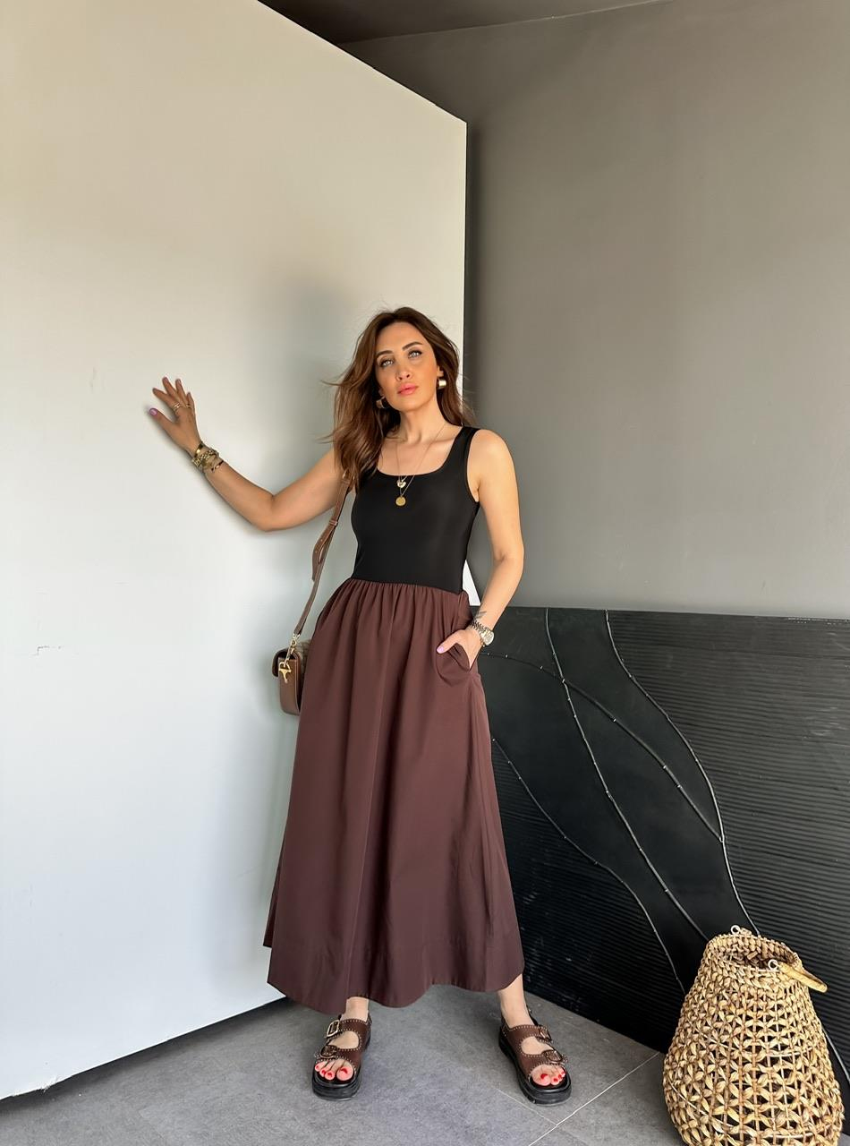Kahve Atletli Beli Lastikli Elbise