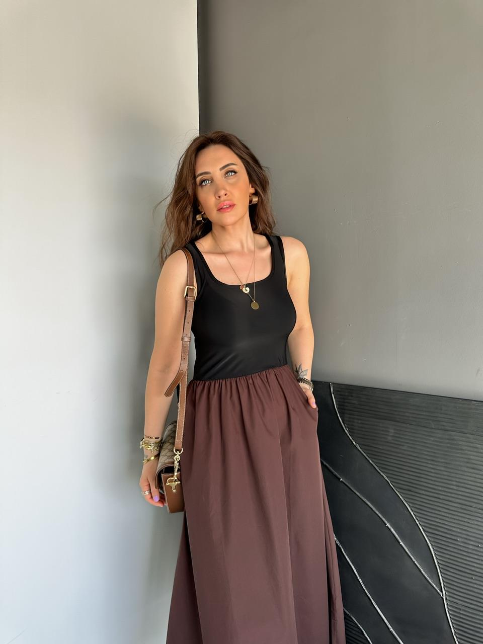 Kahve Atletli Beli Lastikli Elbise