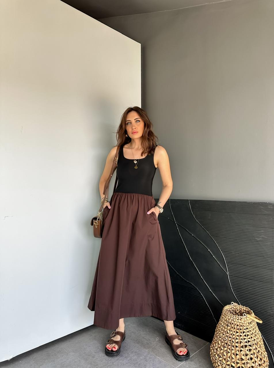Kahve Atletli Beli Lastikli Elbise