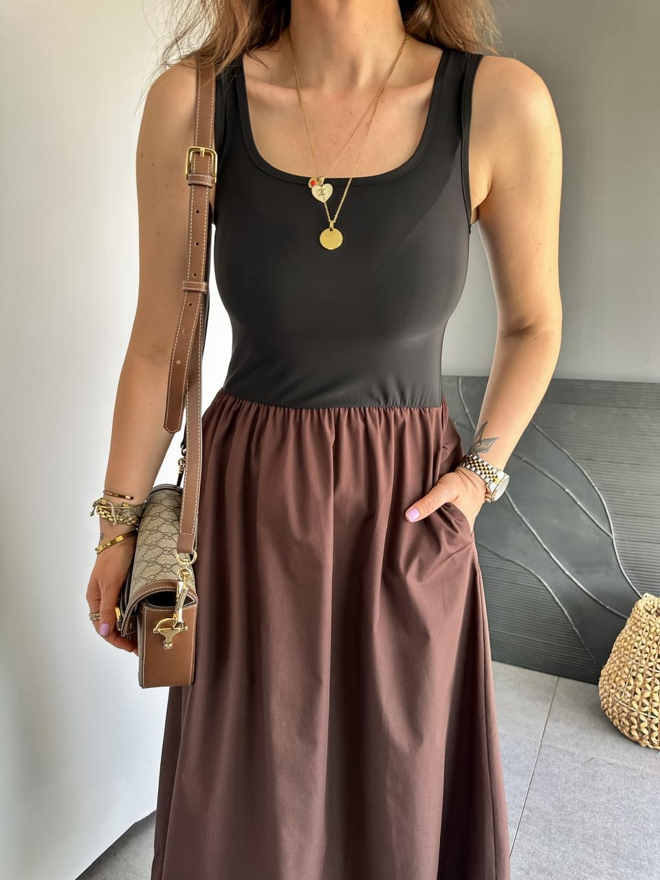 Kahve Atletli Beli Lastikli Elbise