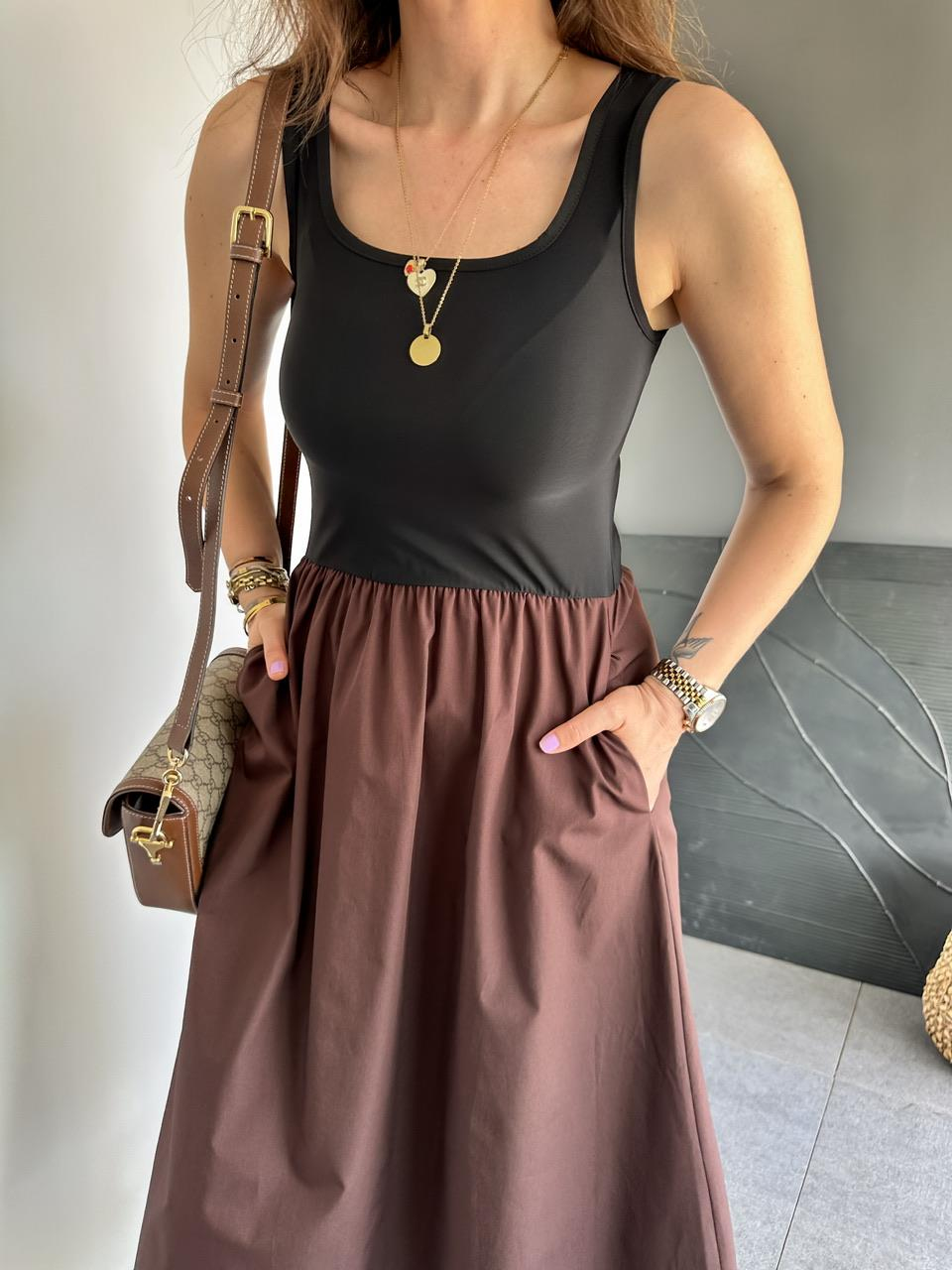 Kahve Atletli Beli Lastikli Elbise