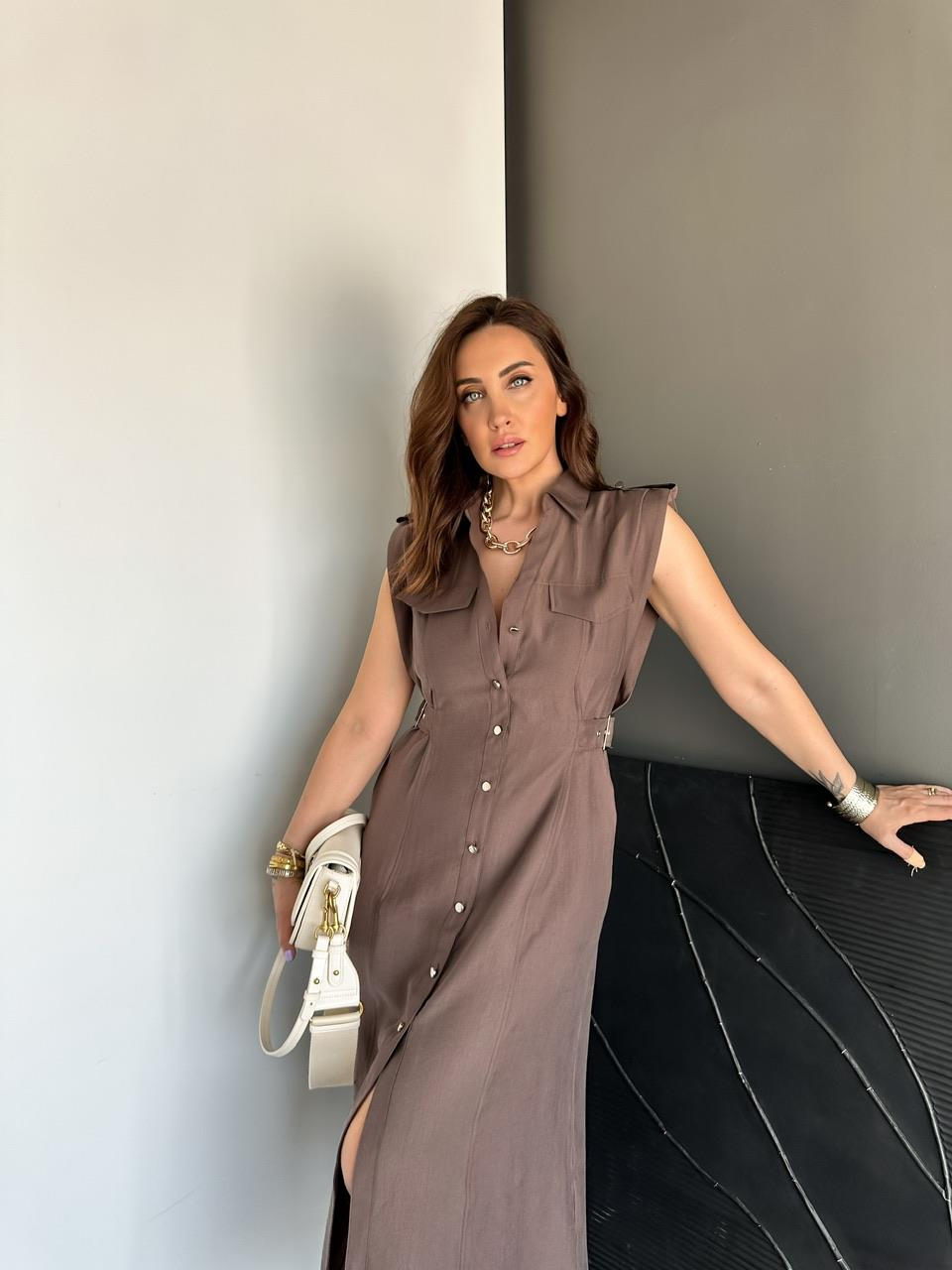 Kahve Ayarlanabilir Bel Kemerli Elbise