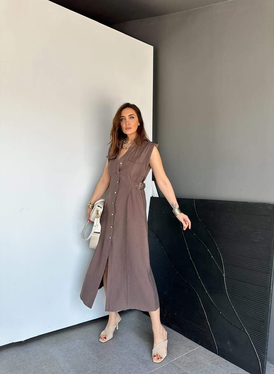 Kahve Ayarlanabilir Bel Kemerli Elbise