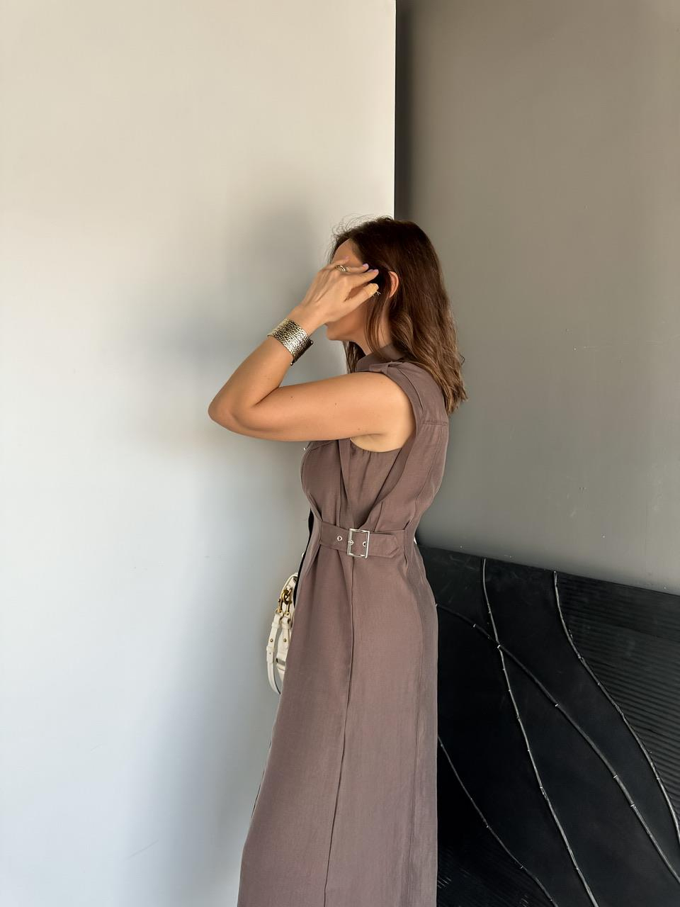 Kahve Ayarlanabilir Bel Kemerli Elbise