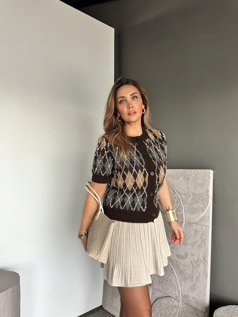 Kahve Baklava Desen Triko