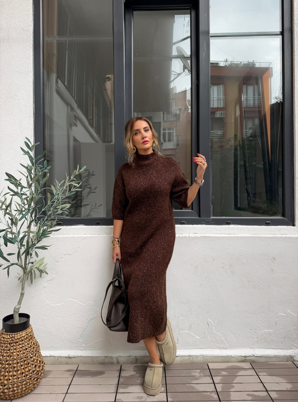 Kahve Balıkçı Yaka Orijinal Triko Elbise