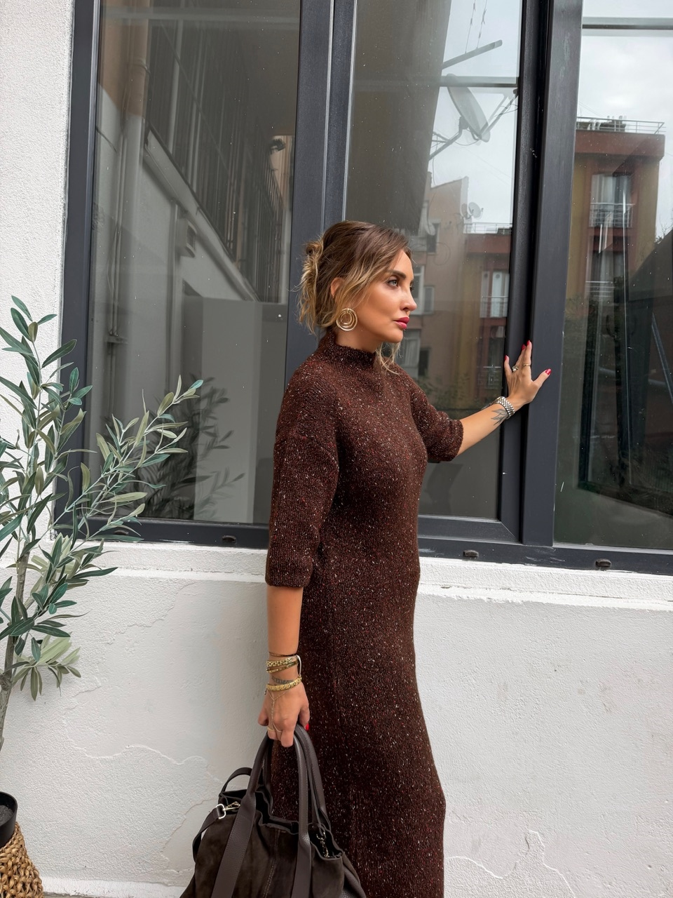 Kahve Balıkçı Yaka Orijinal Triko Elbise