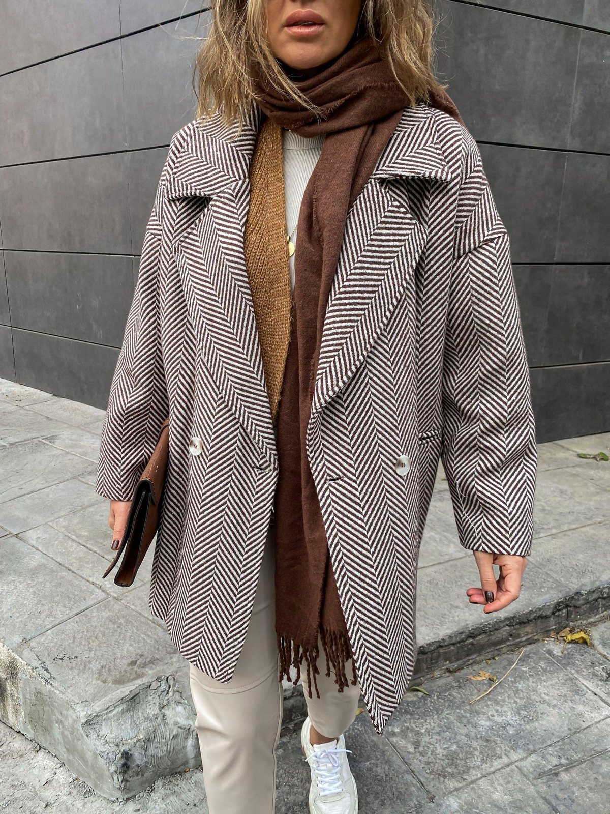 Kahve Balıksırtı Oversize Kaban