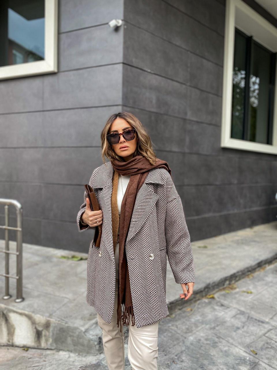 Kahve Balıksırtı Oversize Kaban