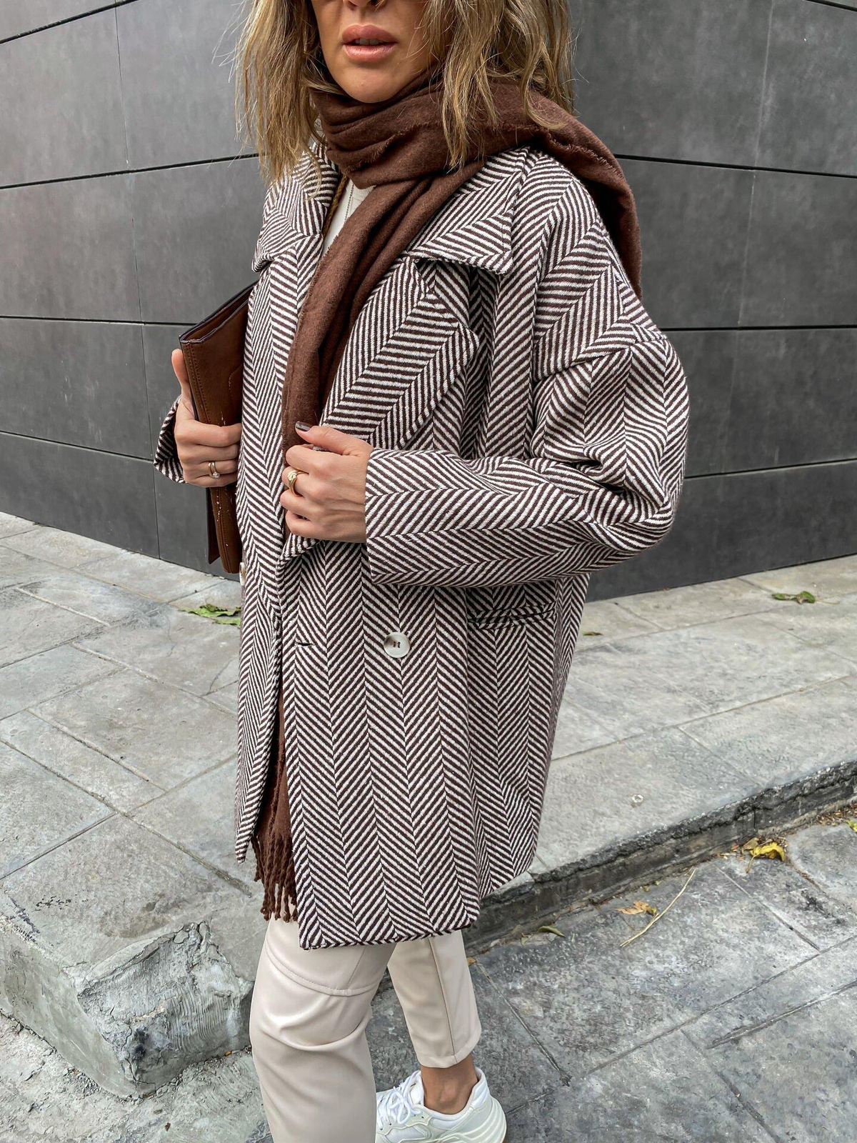 Kahve Balıksırtı Oversize Kaban