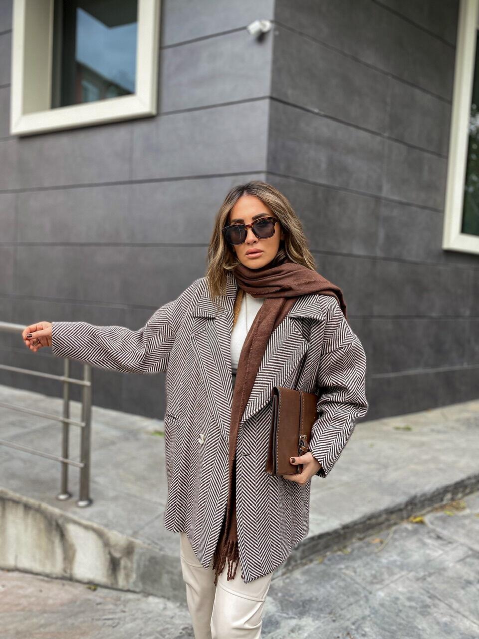 Kahve Balıksırtı Oversize Kaban
