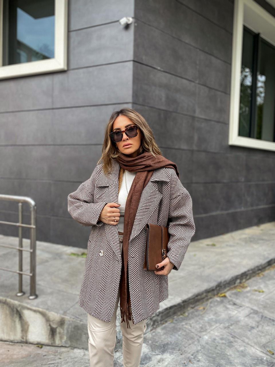 Kahve Balıksırtı Oversize Kaban
