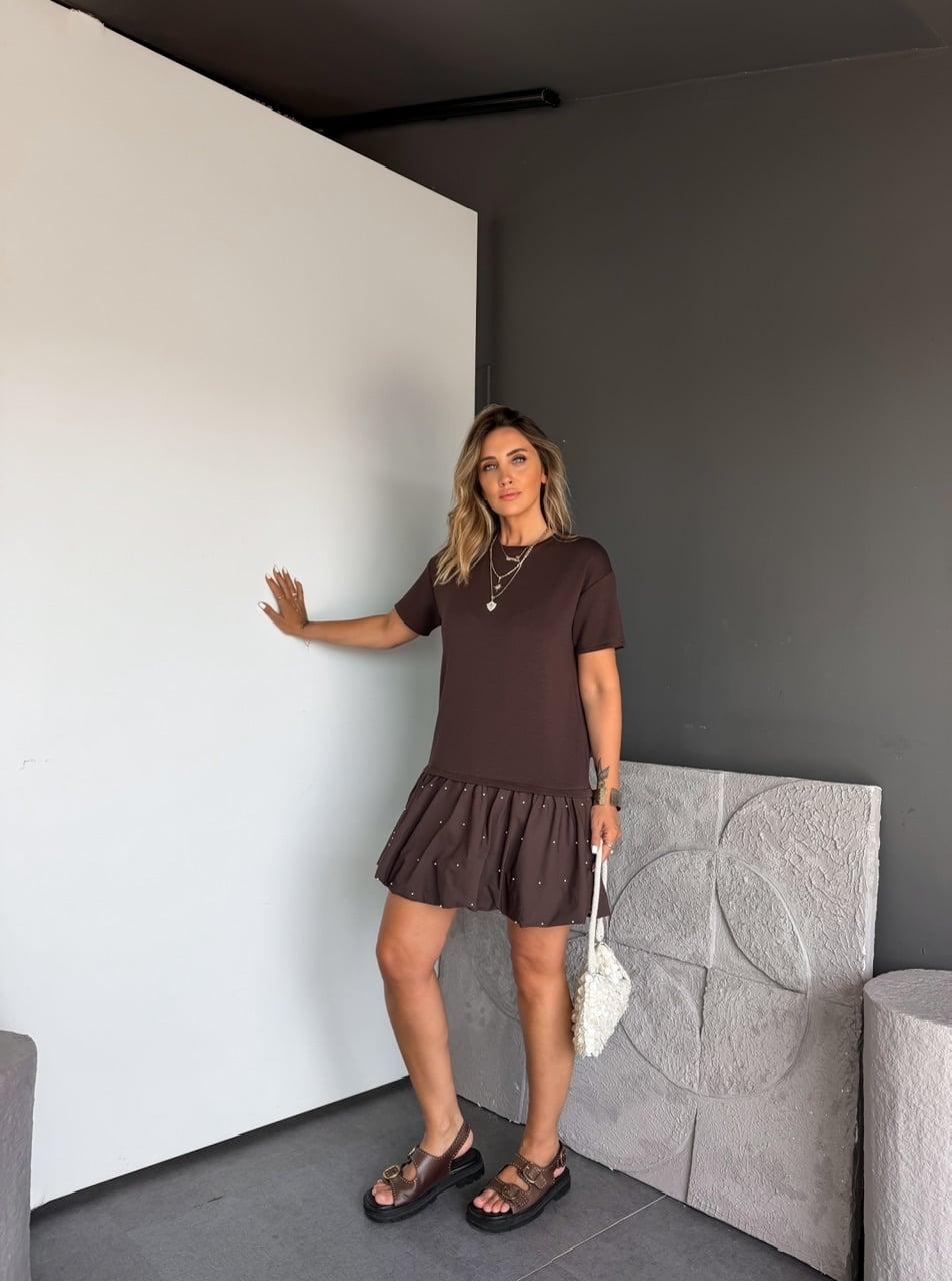 Kahve Balon Etekli İncili Elbise