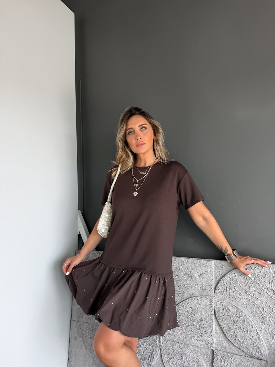 Kahve Balon Etekli İncili Elbise