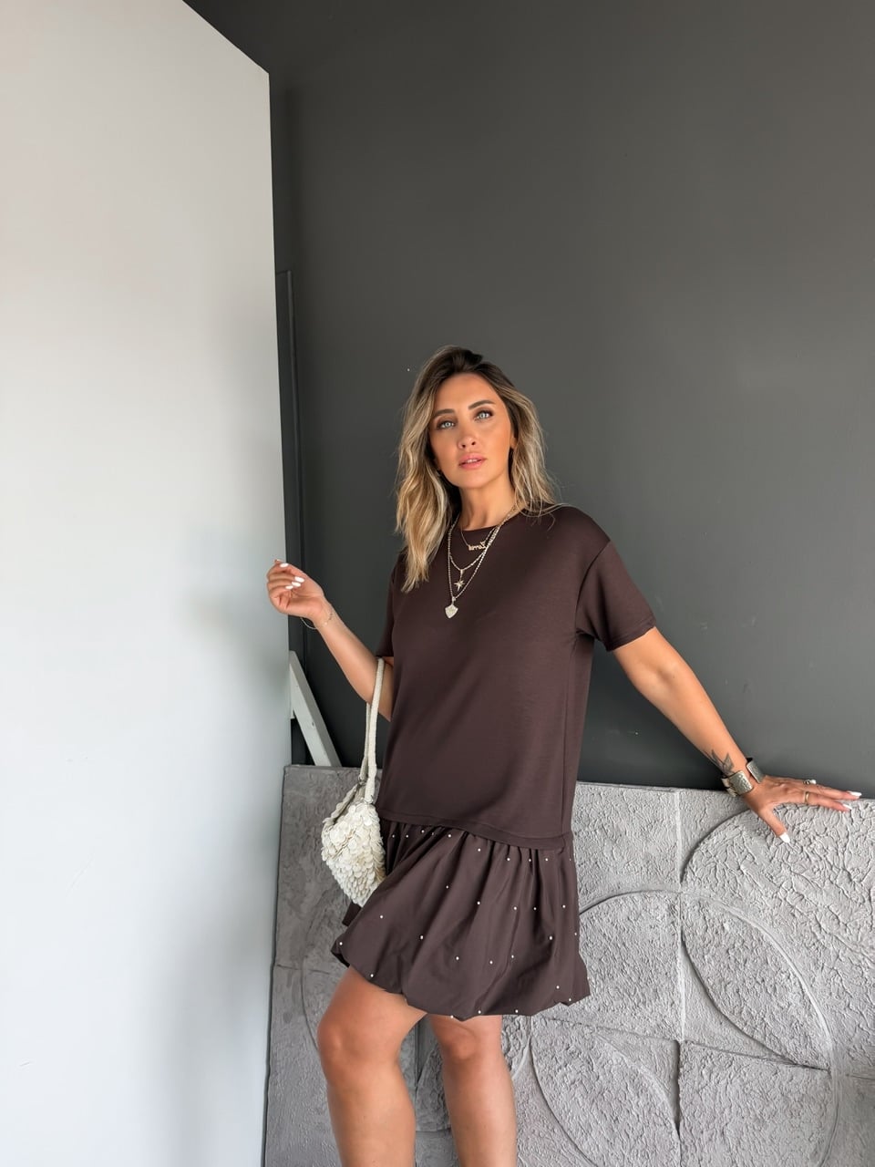 Kahve Balon Etekli İncili Elbise