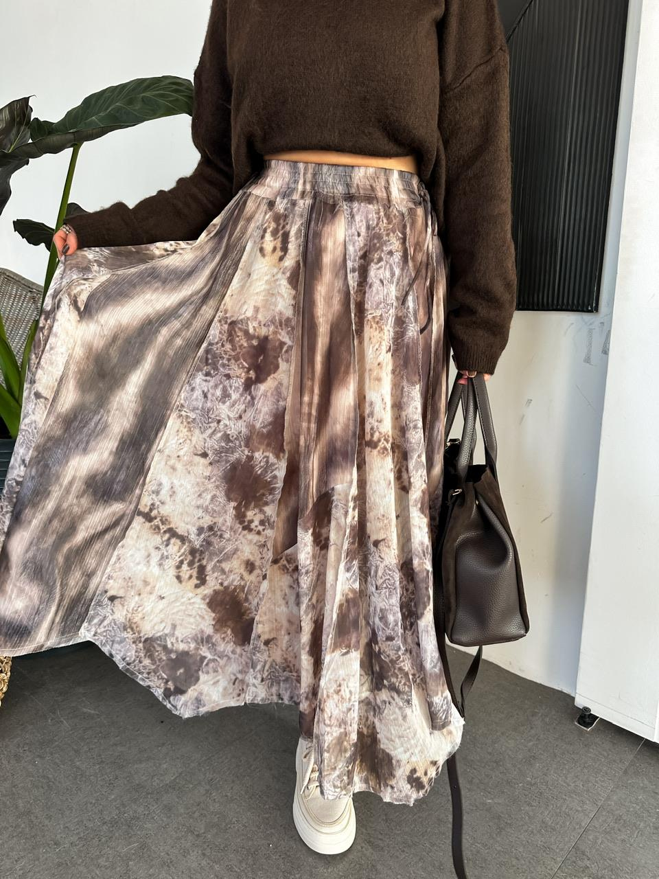 Kahve Batik Desen Şifon Etek