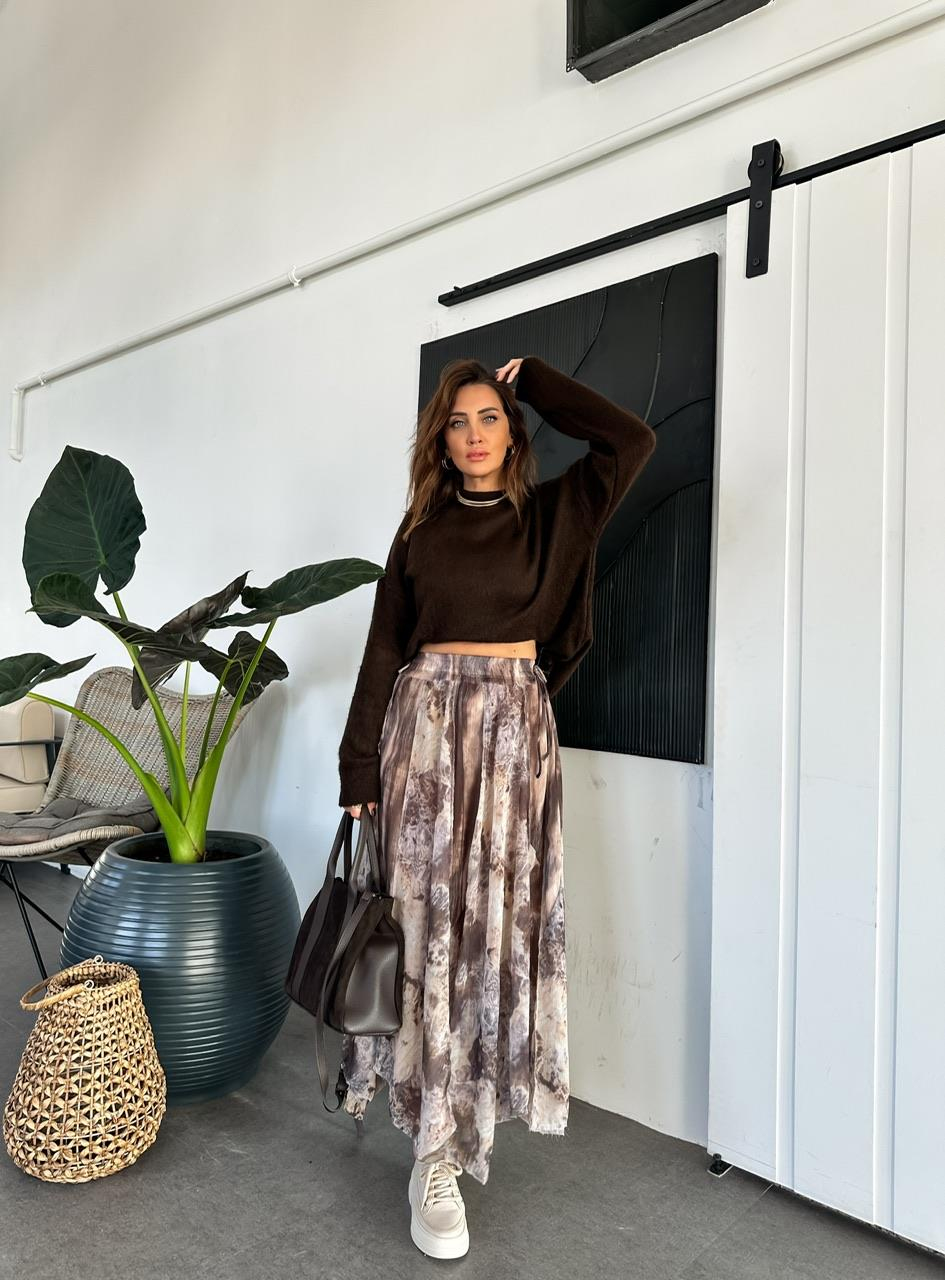 Kahve Batik Desen Şifon Etek