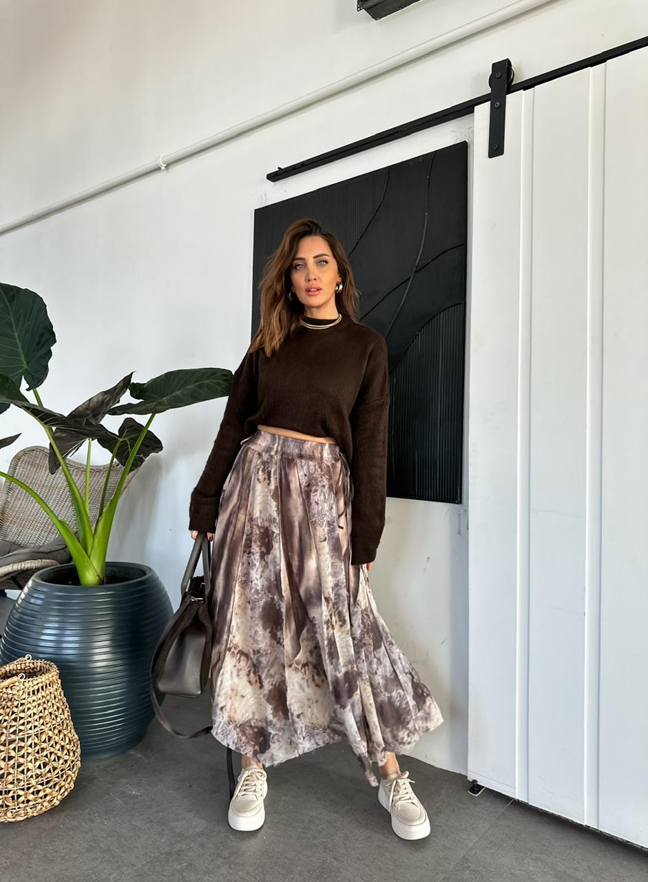 Kahve Batik Desen Şifon Etek