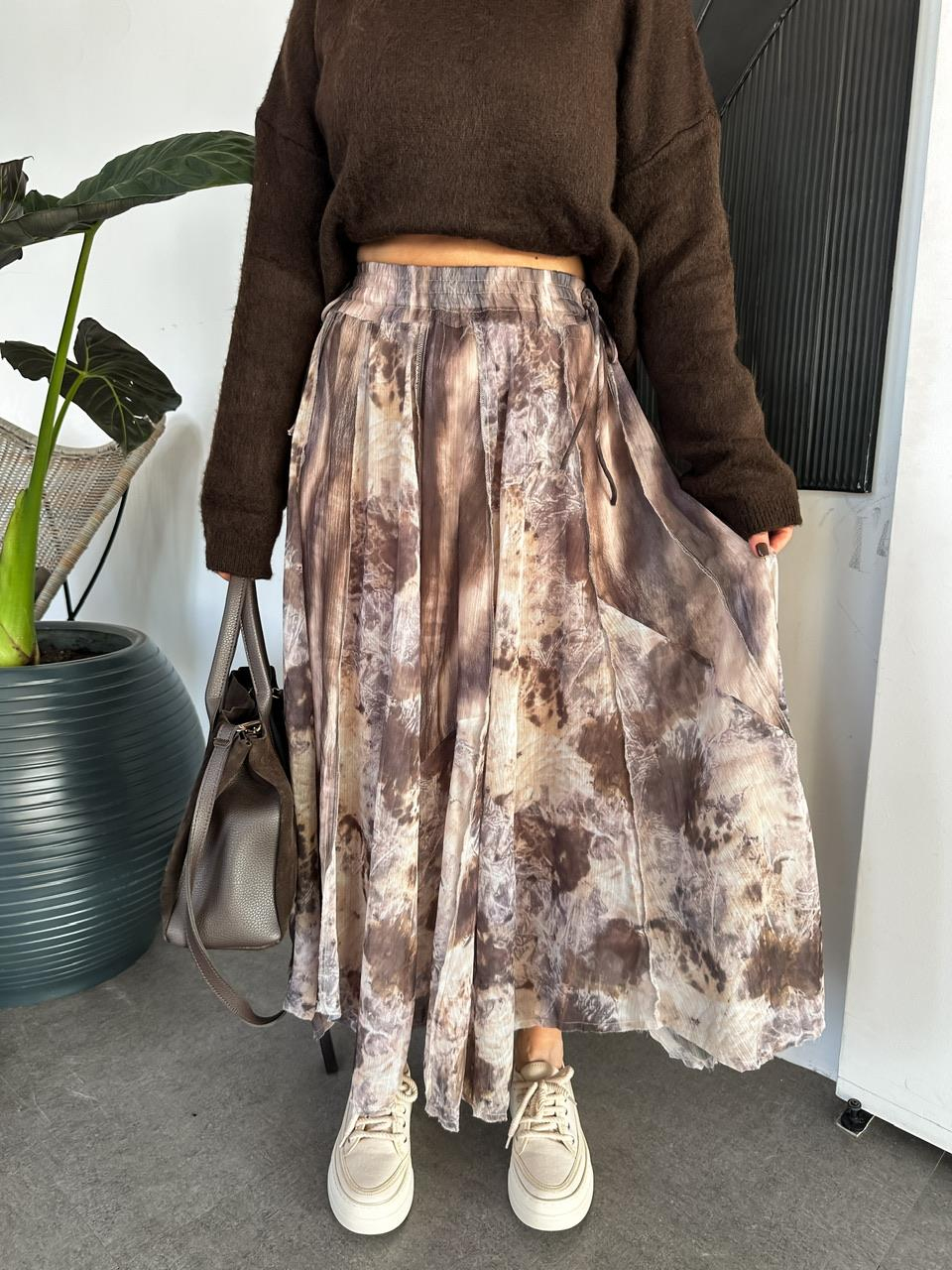 Kahve Batik Desen Şifon Etek