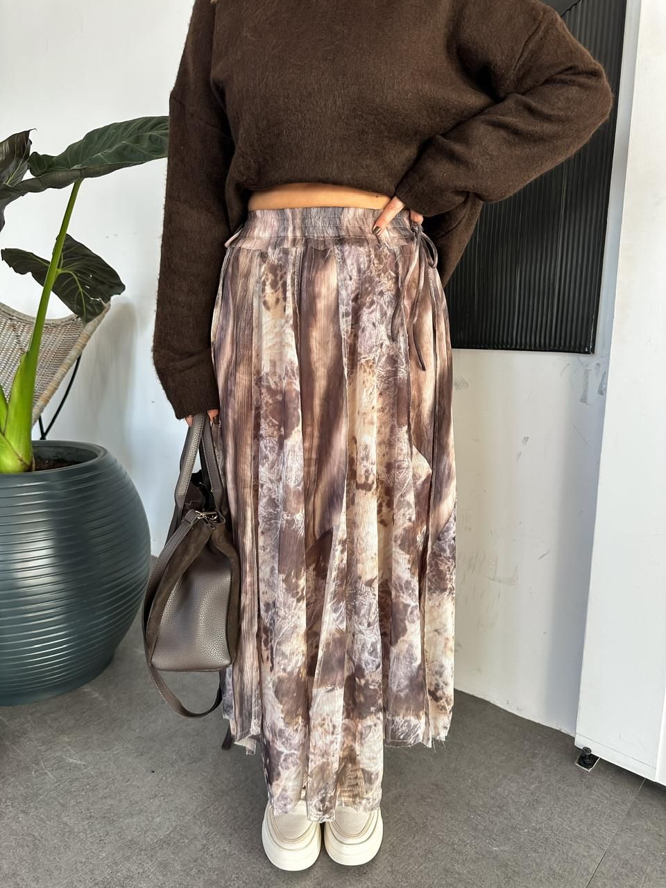 Kahve Batik Desen Şifon Etek