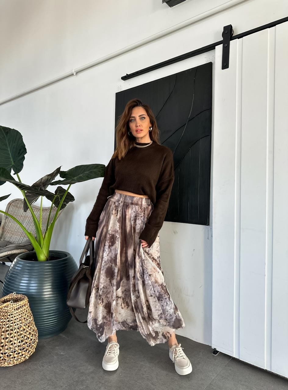 Kahve Batik Desen Şifon Etek