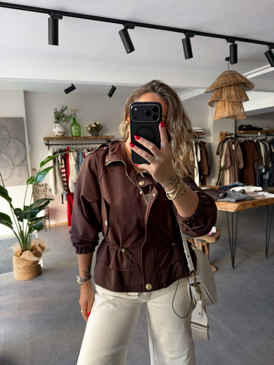 Kahve Beli Büzgülü Gold Cıtcıtlı Ceket