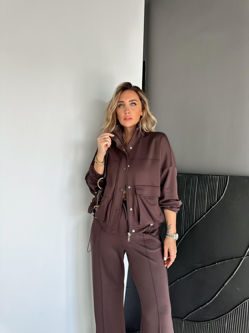 Kahve Beli Büzülebilir İpli Cepli Modal Takım