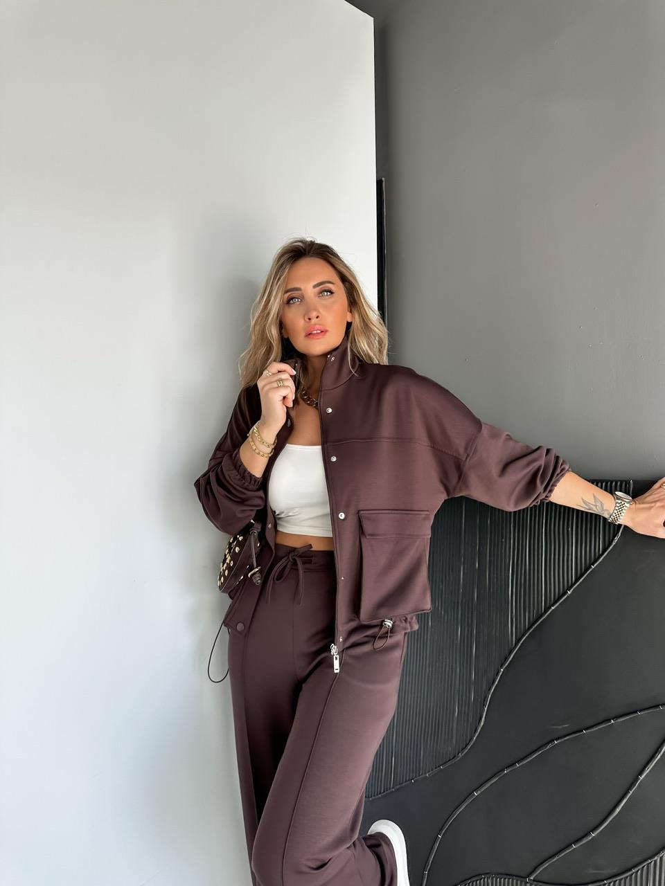 Kahve Beli Büzülebilir İpli Cepli Modal Takım