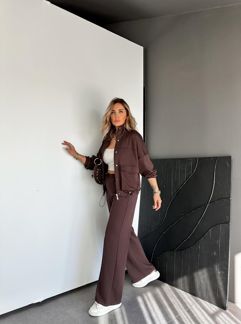Kahve Beli Büzülebilir İpli Cepli Modal Takım