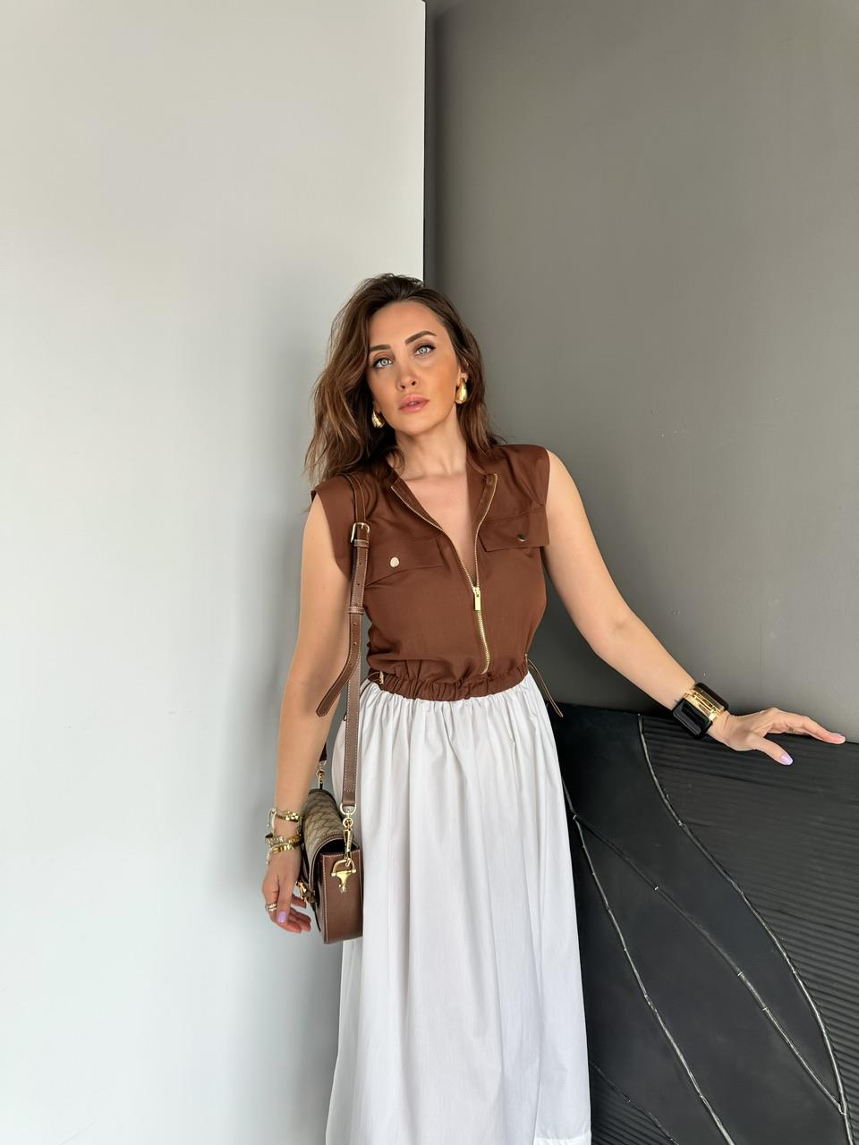 Kahve Beli İpli Cepli Poplin Elbise