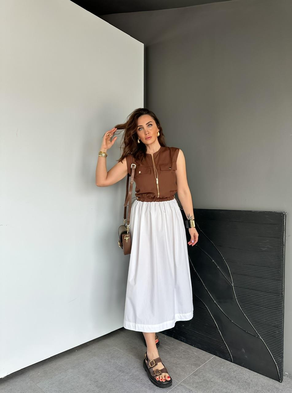 Kahve Beli İpli Cepli Poplin Elbise
