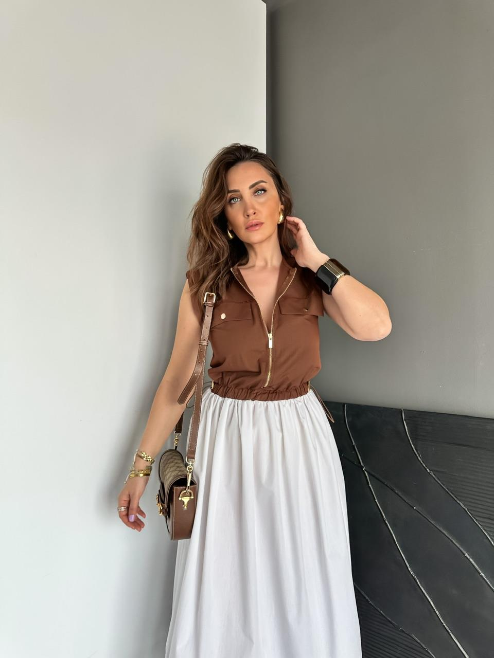 Kahve Beli İpli Cepli Poplin Elbise